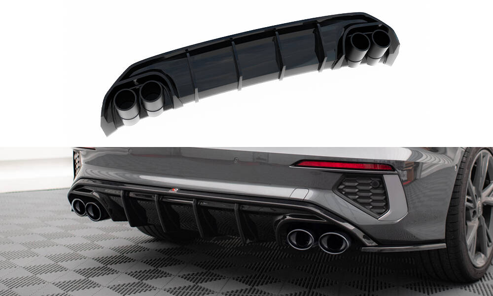 Street+ Heck Ansatz Diffusor + Endrohre chrom passend für Audi A3 S-Line Limousine 8Y schwarz Hochglanz