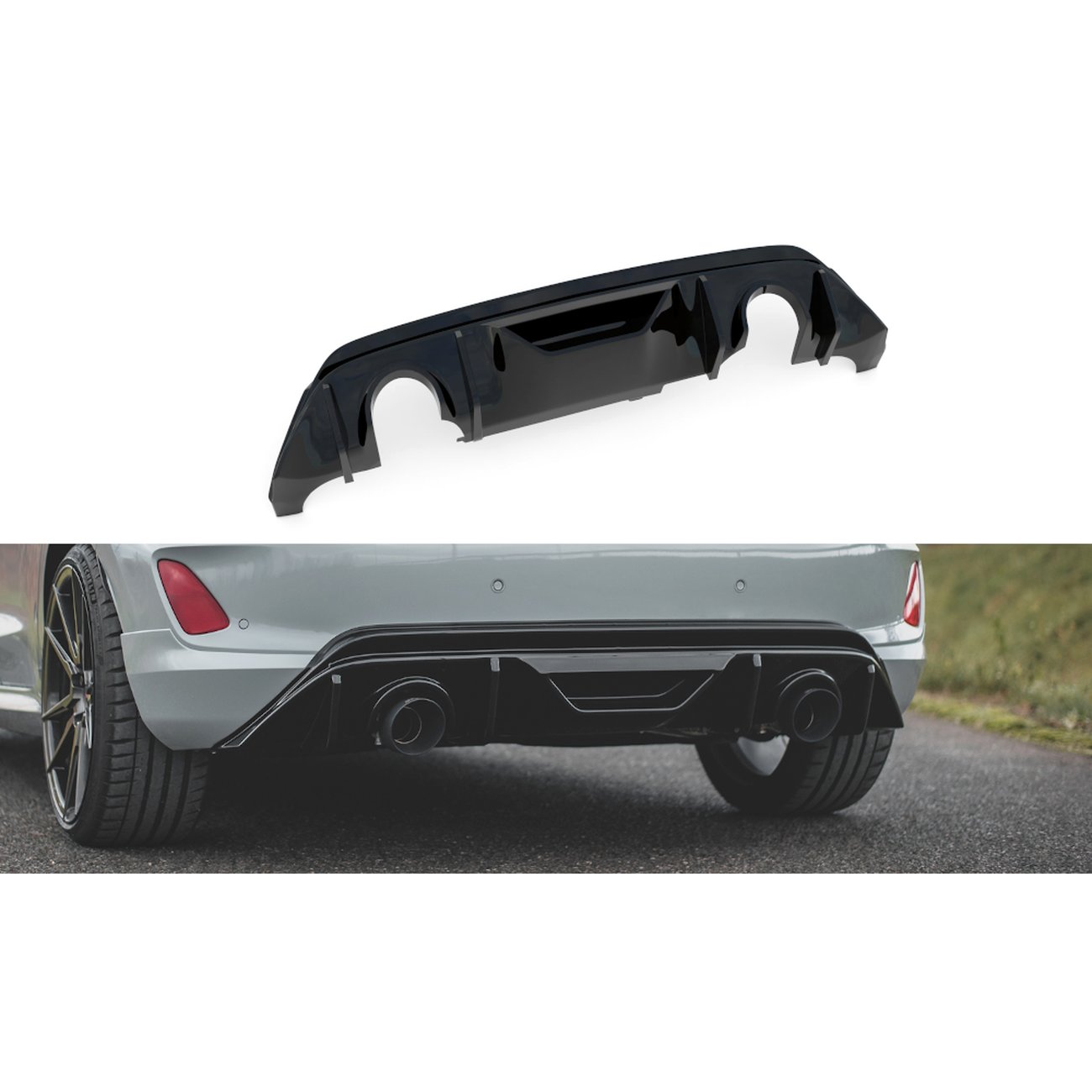Heckansatz Diffusor passend für Ford Fiesta ST mk8 schwarz Hochglanz+Milltek Sport Auspuffverlängerung TI